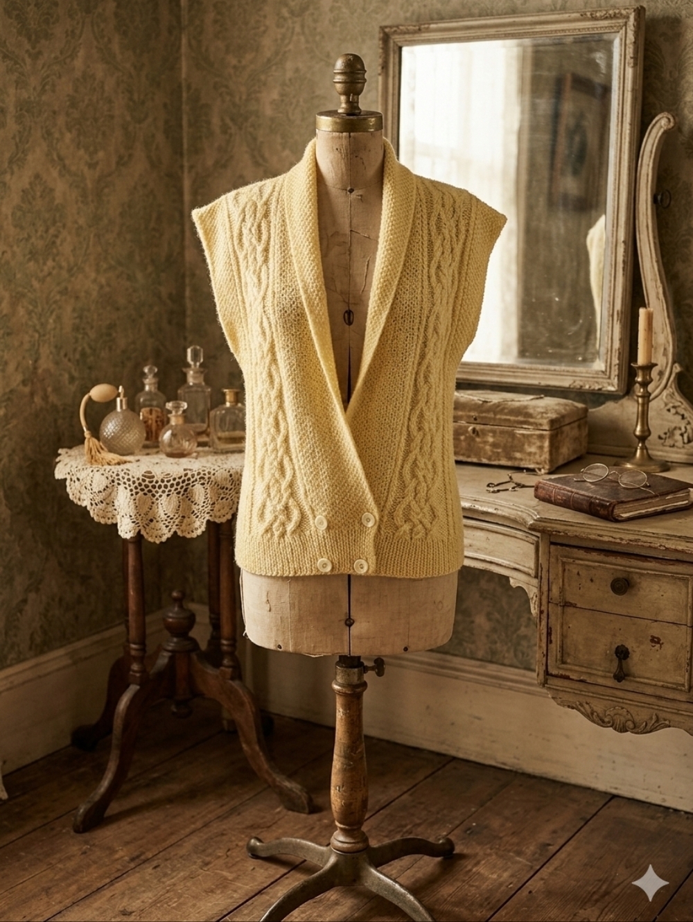Vintage Design Studio Cable Knit Sweater Vest | Cream | Shawl Collar | P/S